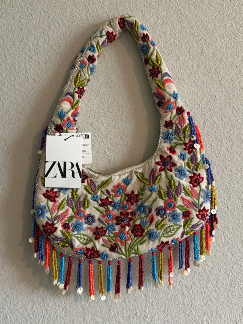 ZARA Embroidered Floral Beaded Fringe Shoulder Bag